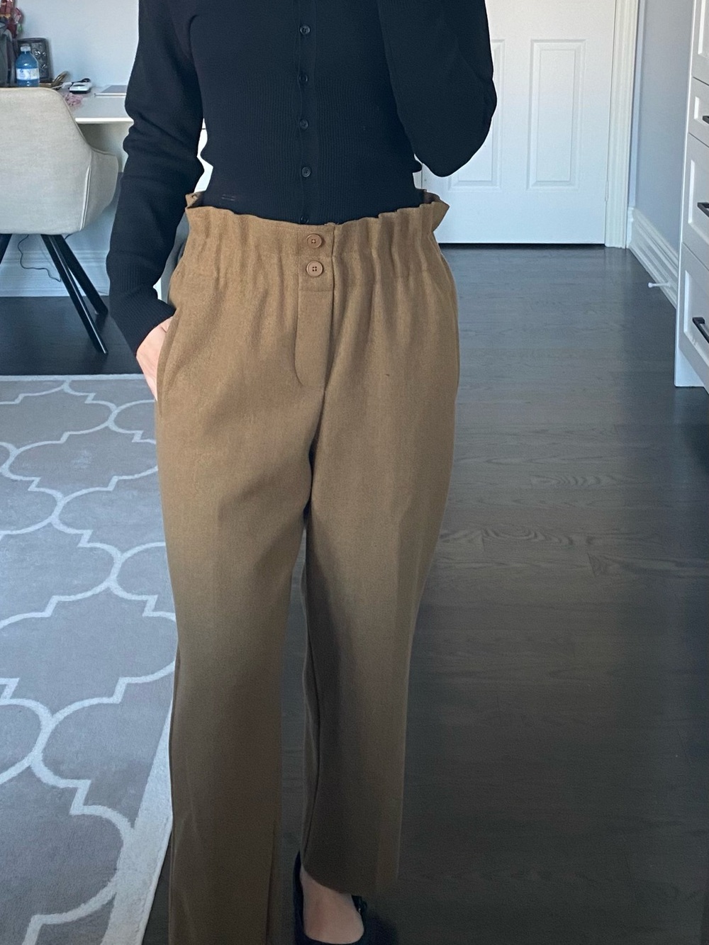 OAK + FORT Brown High-Waist Paperbag Wide-Leg Pants